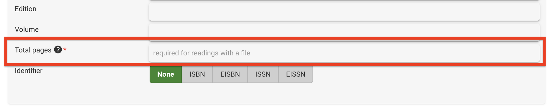 The total pages field has an asterisk to indicate it is a mandatory field in the faculty book creation form