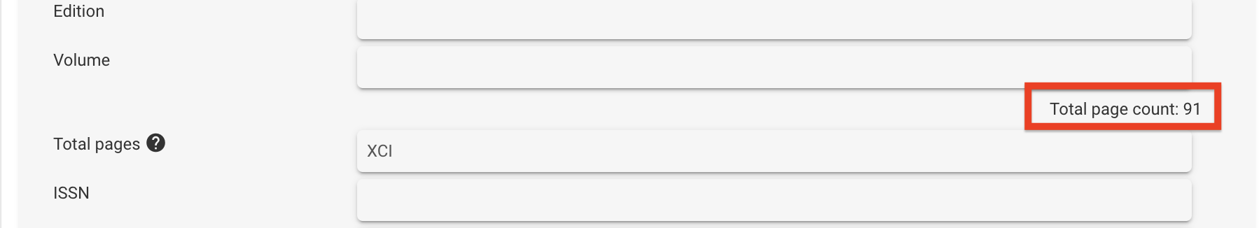 The total page count is located above the total pages field in the book source document creation form. XCI have been entered in the field therefore, the total page count displays 91"