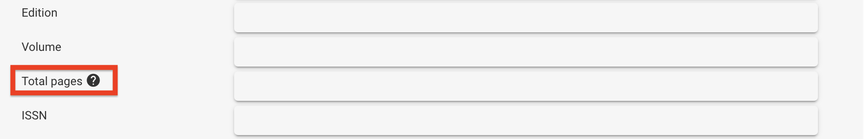 The total pages field in the source document section of a library book request form