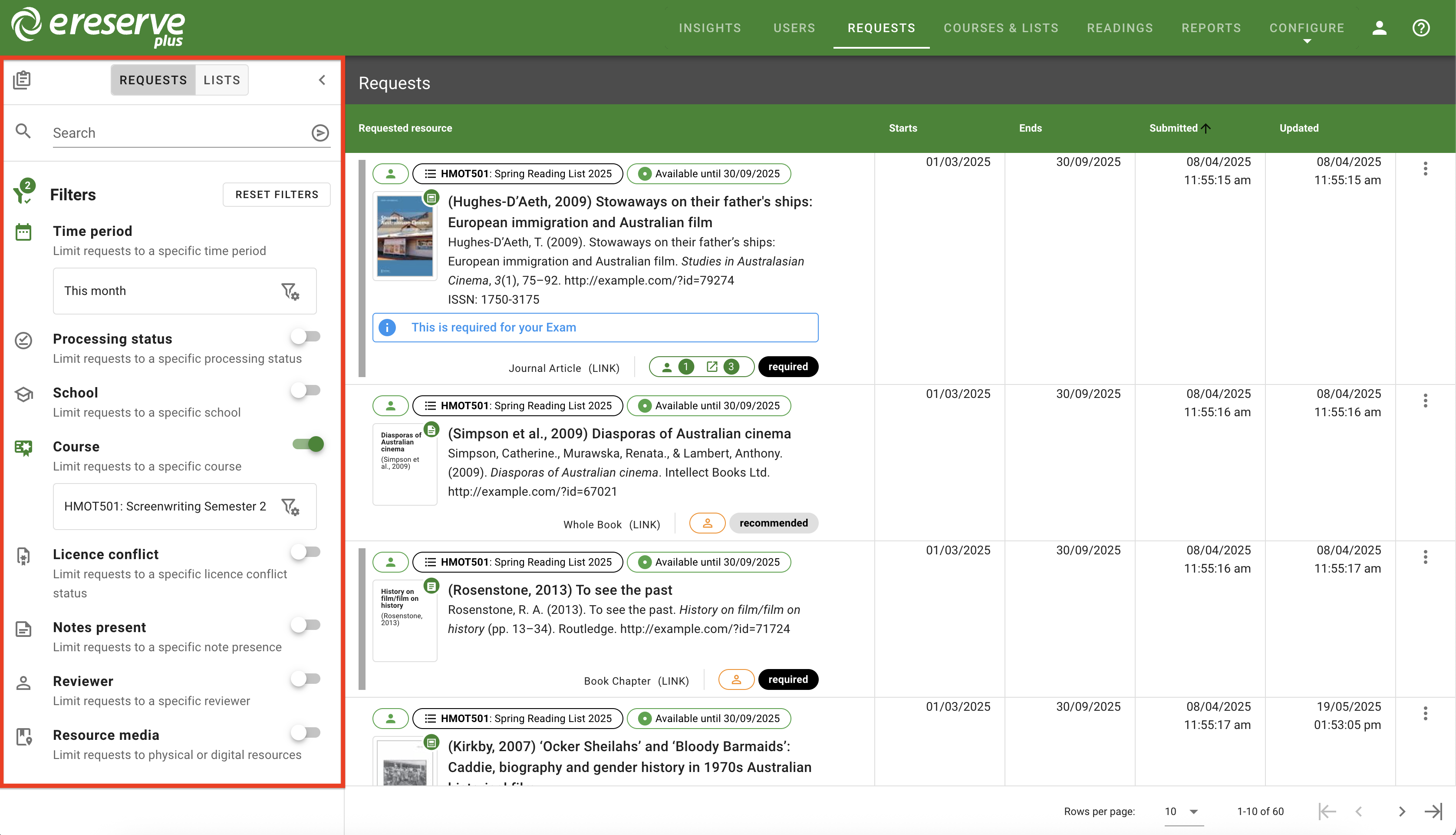 Requests have been filtered to the 'Today' timeframe for a specific course