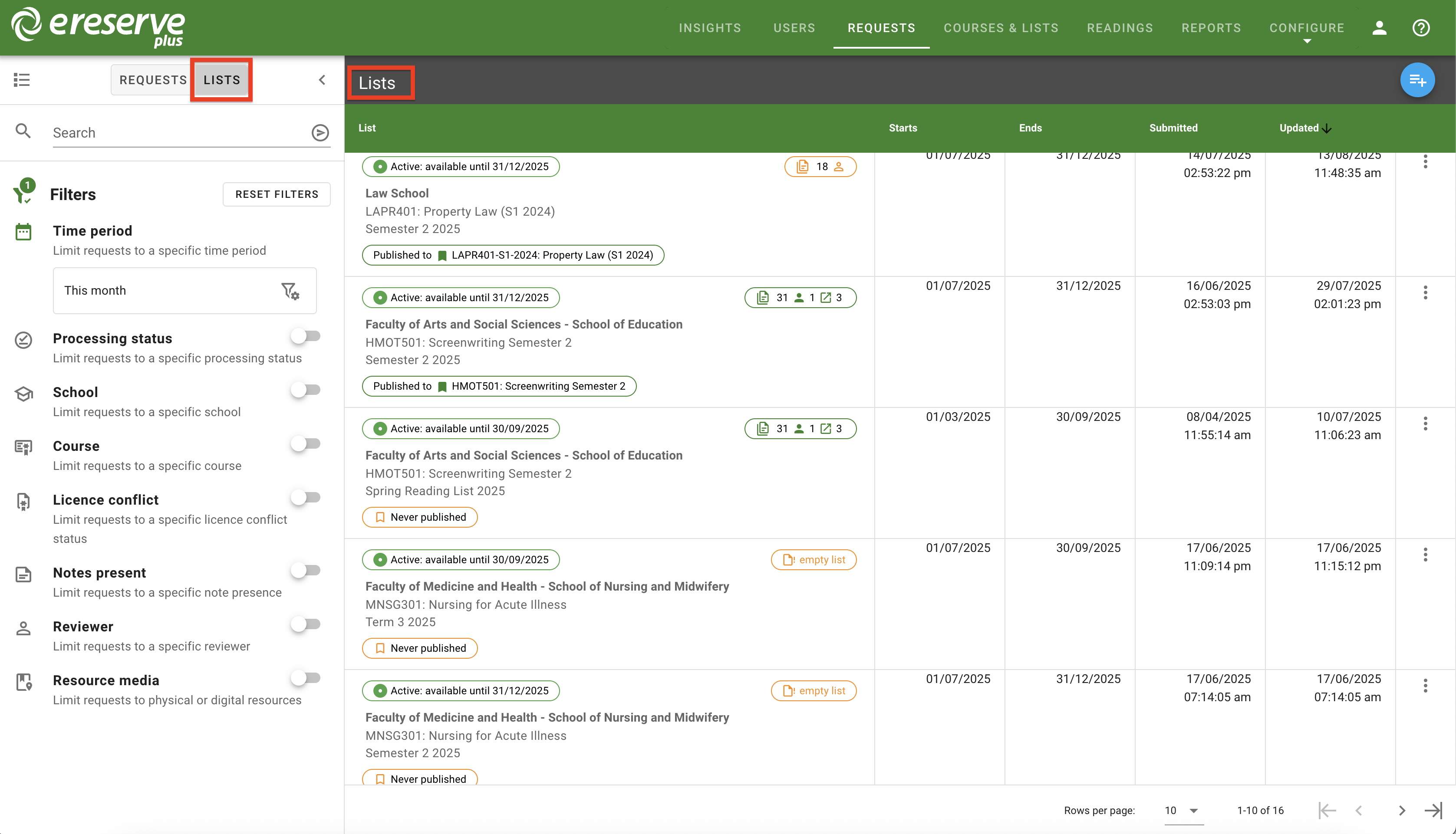  The Lists view in the Request management page